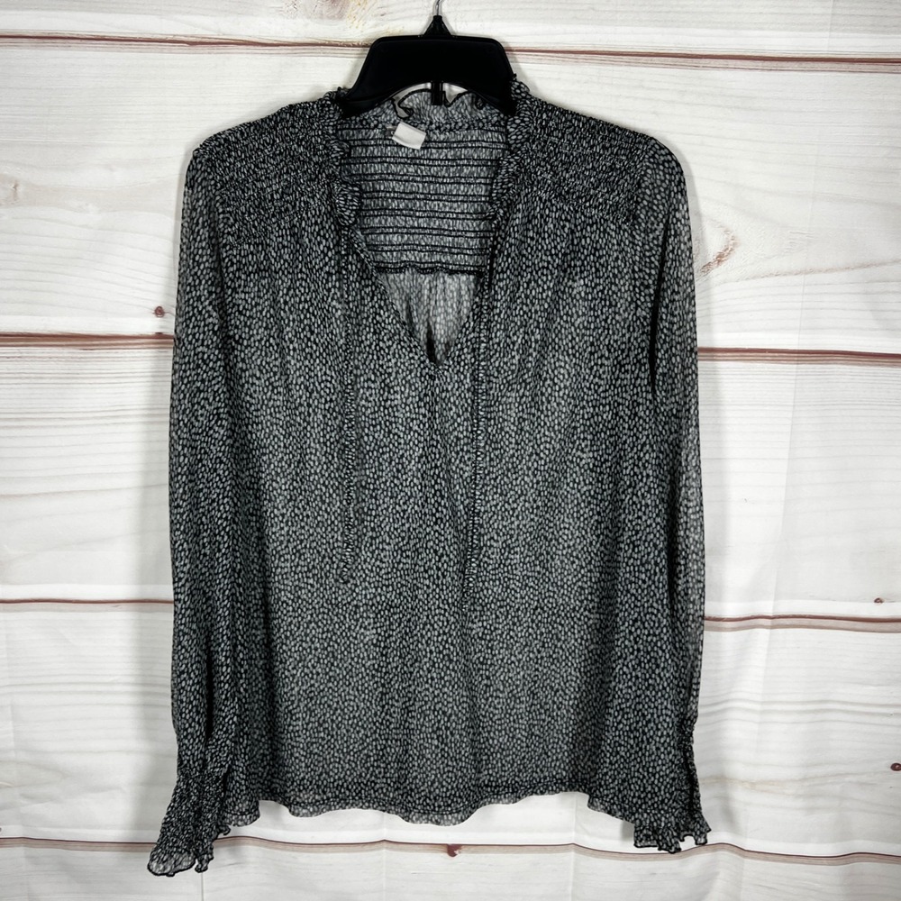 Chicos Smocked Mesh Blouse Women 2 L Black Animal Print Sheer V-Neck Long Sleeve